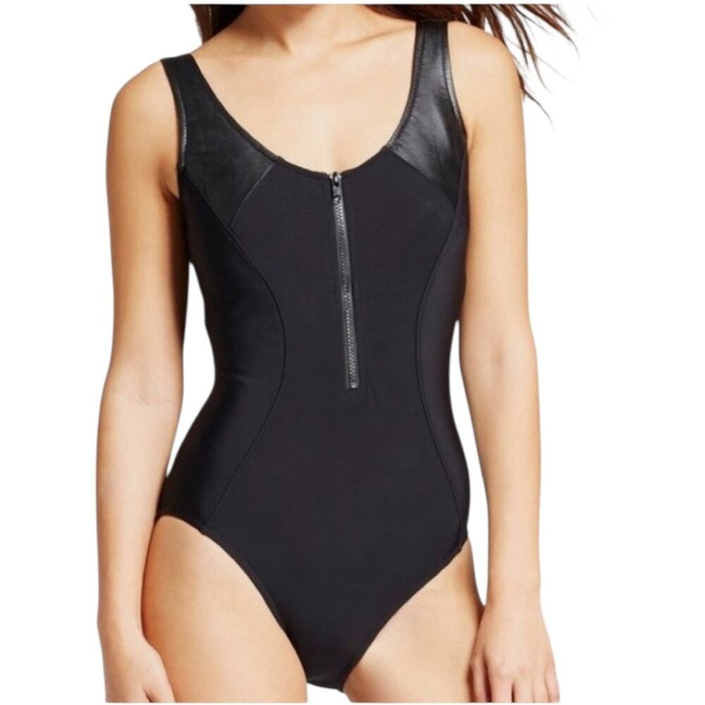 Aqua Green Zip Up One Piece Swimsuit in Black Women's Medium